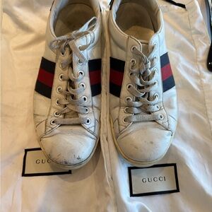 Gucci White Leather Sneakers with Red and Blue Accents